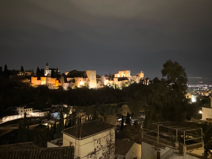 Granada Alhambra lit up at night